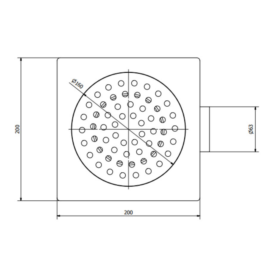 Siphon de sol en acier inoxydable 200 x 200 mm, siphon latéral 63 mm