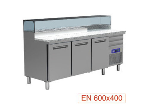  HorecaTraders Établi de refroidissement pour pizzas en acier inoxydable | 3 portes | 3 tiroirs | 230 V 