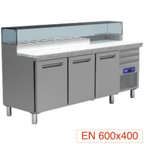  HorecaTraders Établi de refroidissement pour pizzas en acier inoxydable | 3 portes | 3 tiroirs | 230 V 