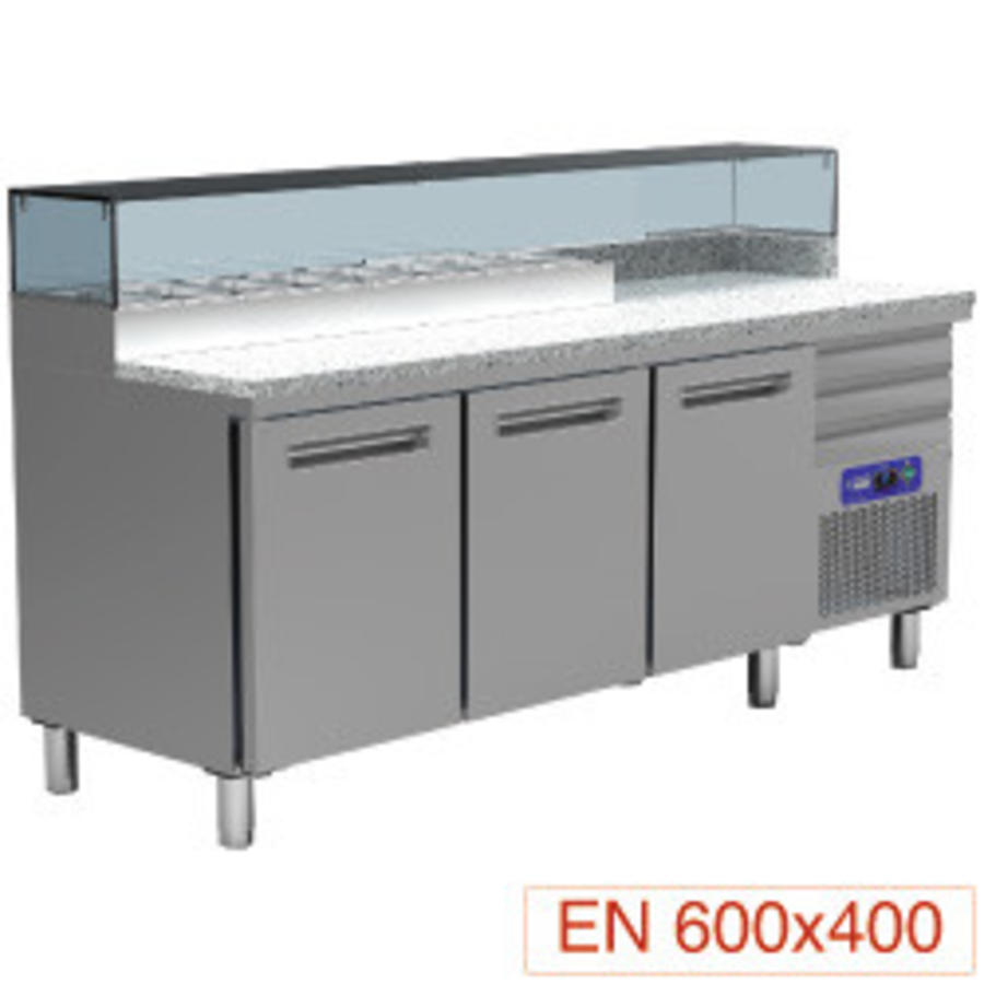Établi de refroidissement pour pizzas en acier inoxydable | 3 portes | 3 tiroirs | 230 V
