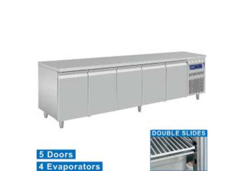  HorecaTraders Rvs Gekoelde Werkbank | 5 Deurs - 253 x 70 x 85/90 cm 