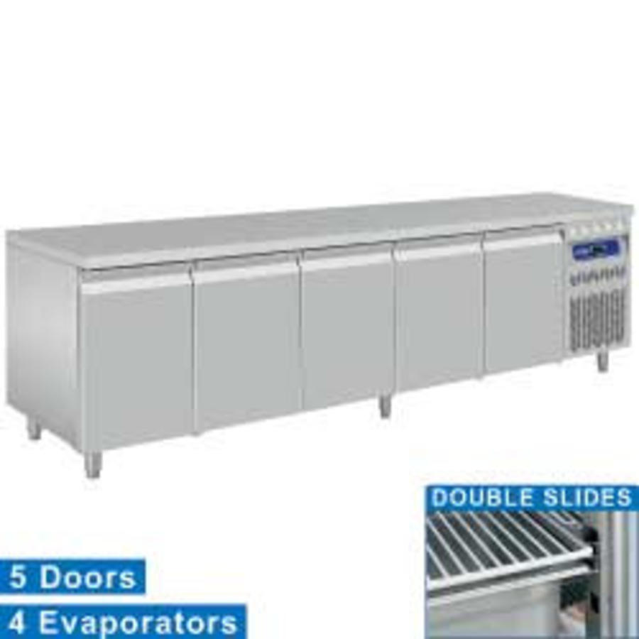 Établi réfrigéré en acier inoxydable | 5 portes - 253 x 70 x 85/90 cm