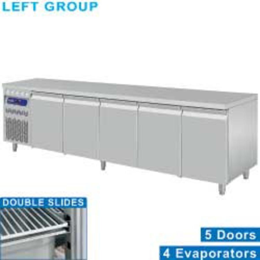 Stainless Steel Refrigerated Workbench | 5 doors - 253 x 70 x 85/90 cm