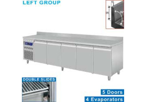  HorecaTraders Stainless Steel Cooled Workbench With Splash Edge | 5 Doors - 263 x 70 x 85/90 cm 