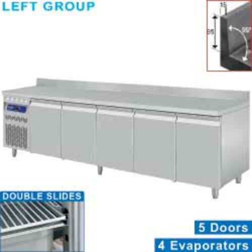  HorecaTraders Stainless Steel Refrigerated Workbench With Splashback | 5 Doors - 263 x 70 x 85/90 cm 