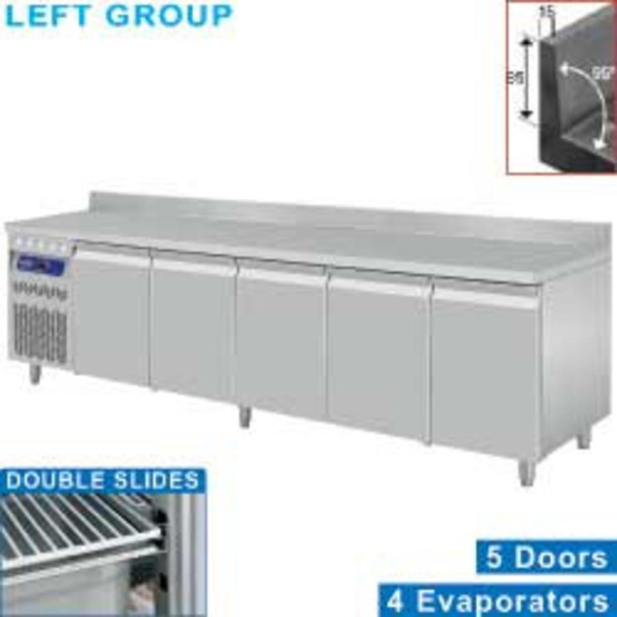 Stainless Steel Cooled Workbench With Splash Edge | 5 Doors - 263 x 70 x 85/90 cm