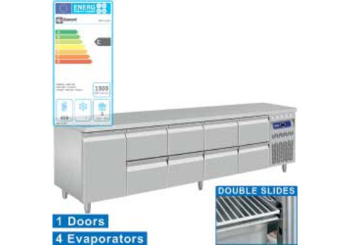  HorecaTraders Établi réfrigéré en acier inoxydable avec dosseret | 1 porte et 8 tiroirs 