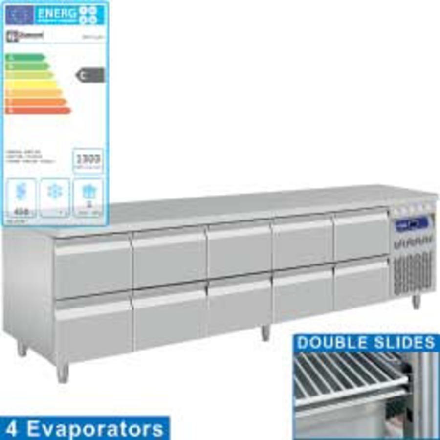 Établi réfrigéré en acier inoxydable | 10 tiroirs - 2725 x 700 x 866/960