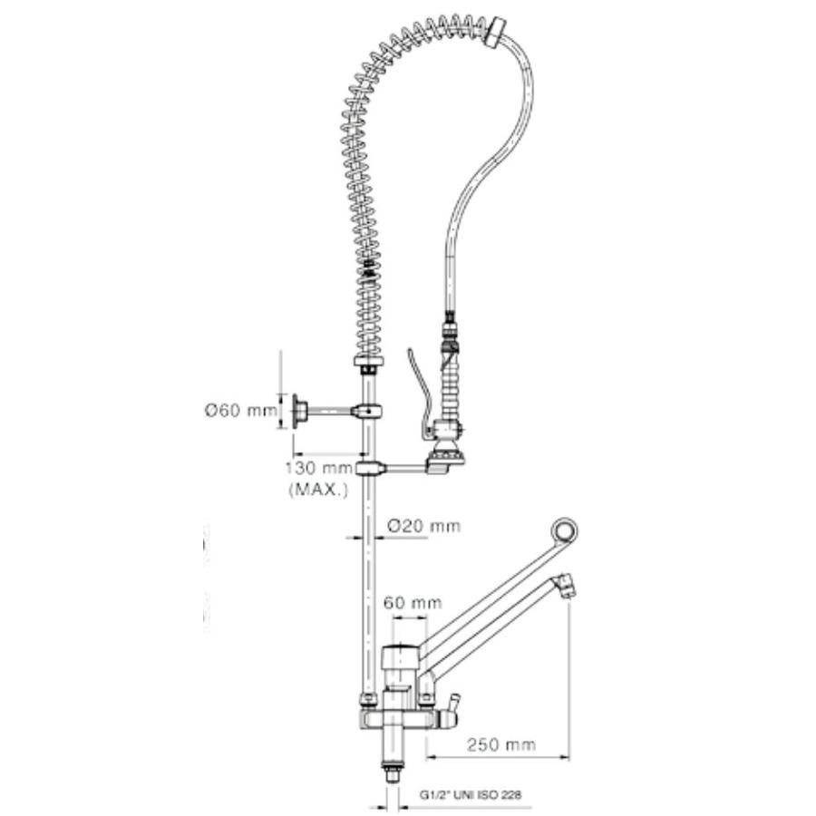 Douche de pré-rinçage en acier inoxydable avec robinet intermédiaire et commande au coude