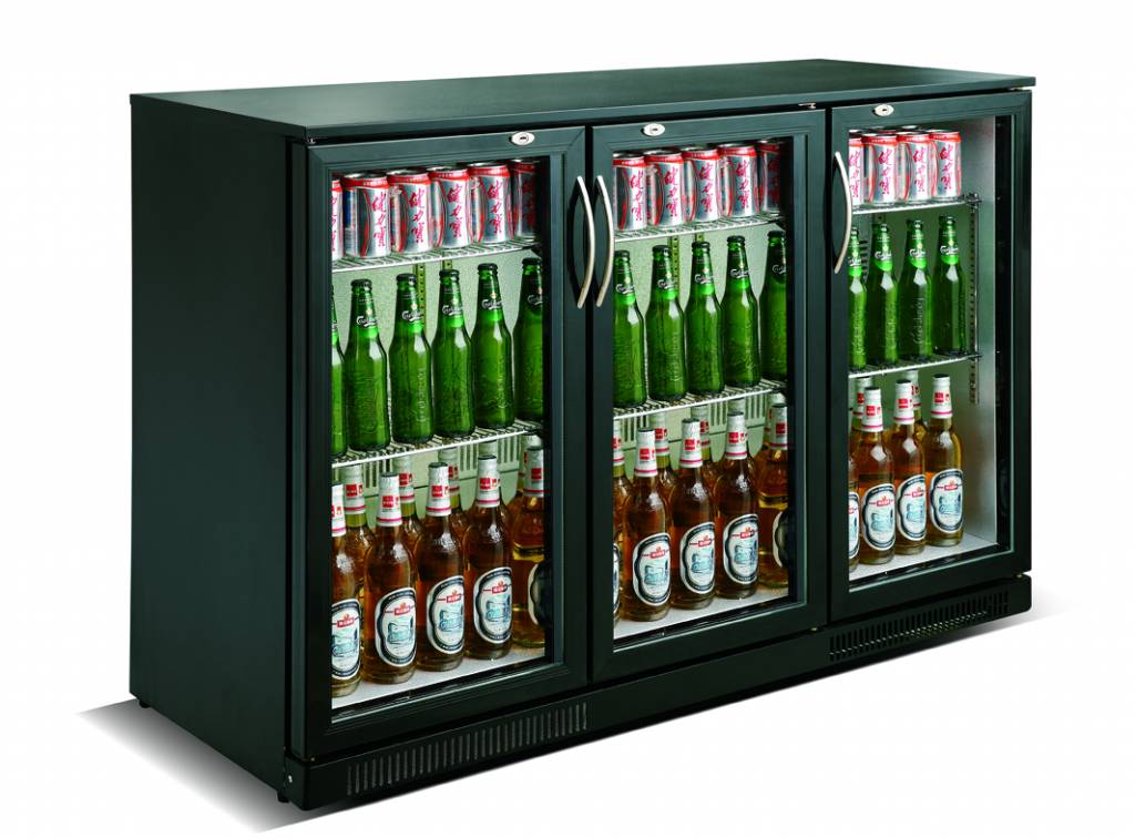 Zwarte bar koelkast met 3 glazen deuren kopen? Horeca Traders