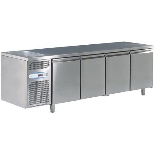  HorecaTraders Refrigerated workbench with 4 doors with sink on the left 224 x 70 x 85cm 