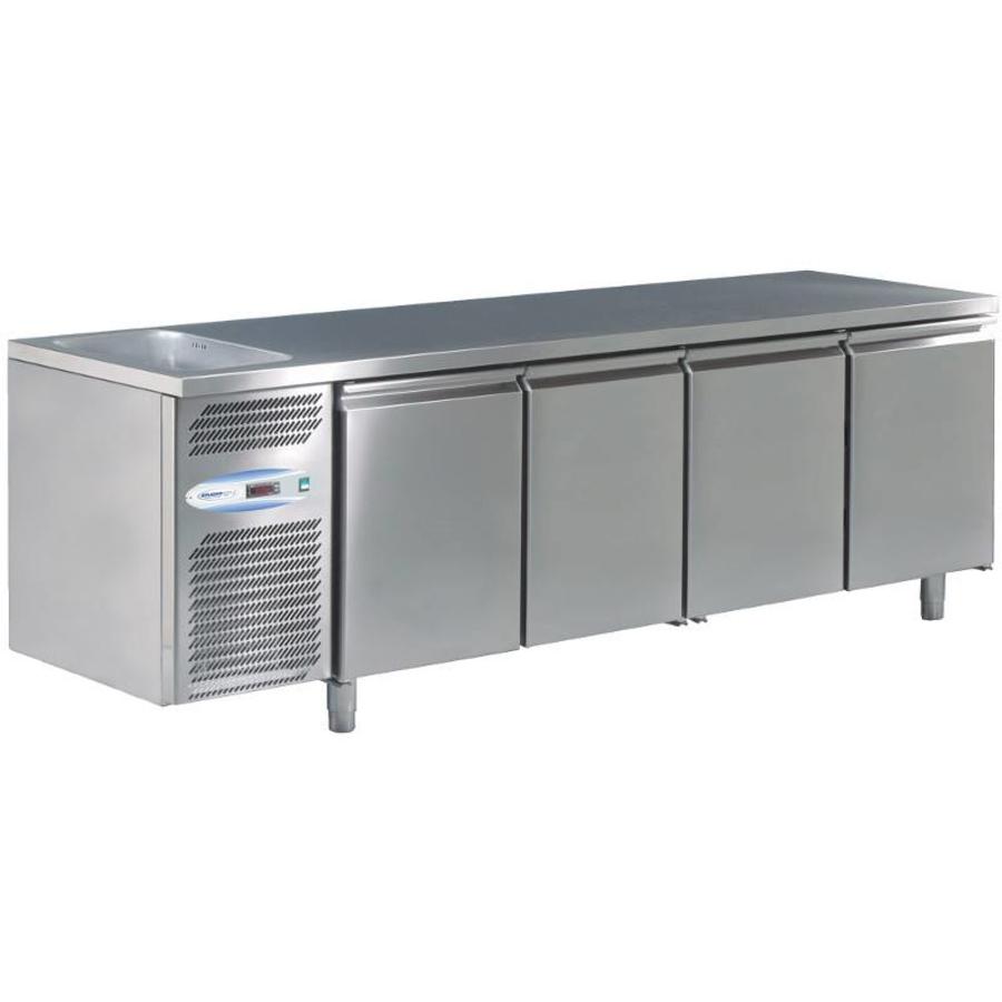 Refrigerated workbench with 4 doors with sink on the left 224 x 70 x 85cm