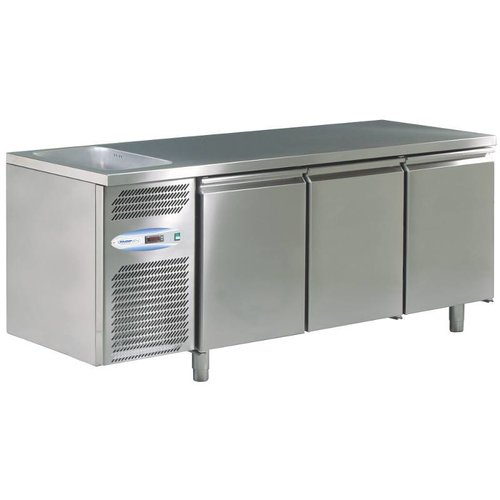  HorecaTraders Refrigerated workbench with 3 doors with sink on the left 178x70x85 cm 