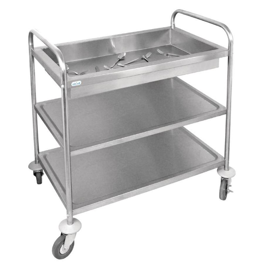 Chariot de service avec range-couverts et 2 plateaux en acier inoxydable