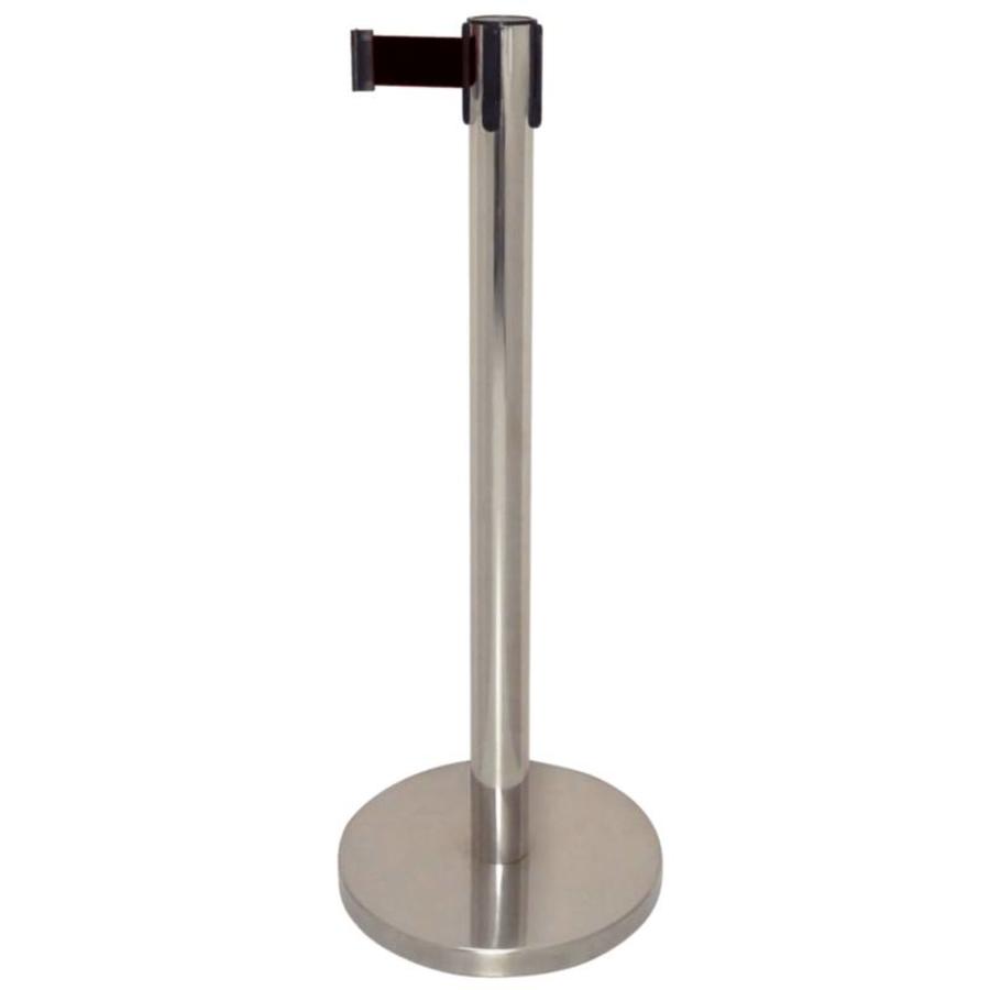 Stainless steel barrier post with retractable black strap
