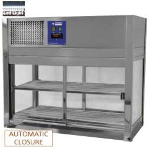 HorecaTraders Vitrine en acier inoxydable, 4 faces vitrées, 4 portes coulissantes 2 de chaque côté - 80x41x70 cm 