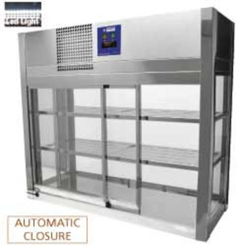  HorecaTraders Vitrine en acier inoxydable, 4 faces vitrées, 4 portes coulissantes 2 de chaque côté - 80x41x91,5cm 
