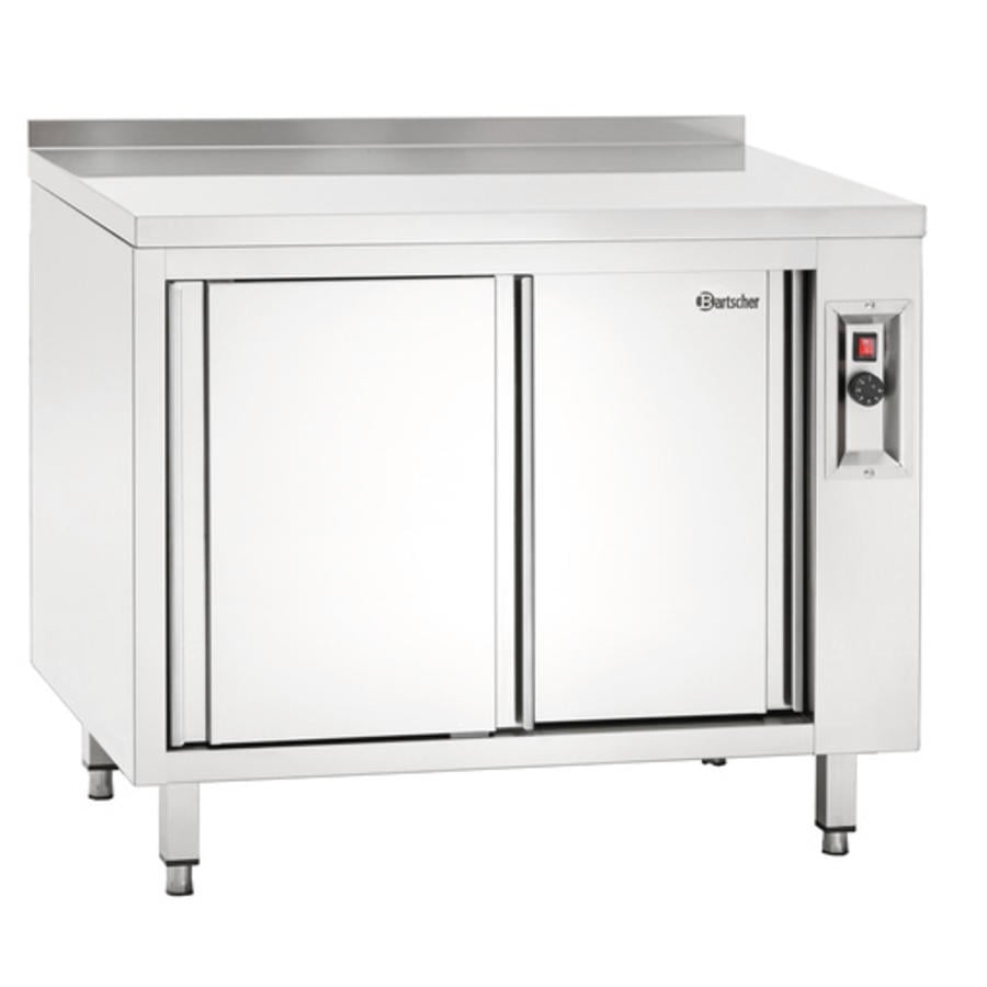 Stainless steel warming cabinet with sliding doors and intermediate shelf | W 1000 mm
