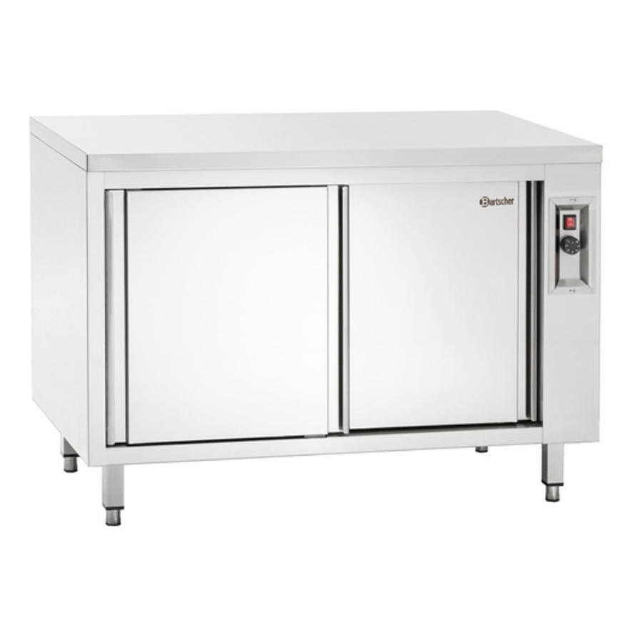 Stainless steel warming cabinet with sliding doors and intermediate shelf | W 1200 mm
