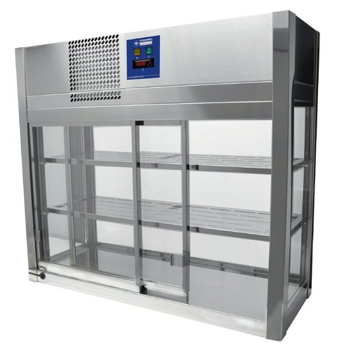  HorecaTraders Rvs Vitrine, 4 glazen zijden, 2 schuifdeuren - 80x41x70 cm 