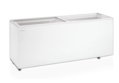  HorecaTraders White chest freezer with 2 flat glass sliding doors 