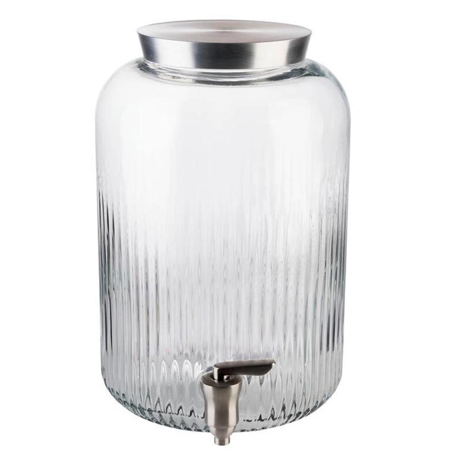 Glass drink dispenser with stainless steel tap