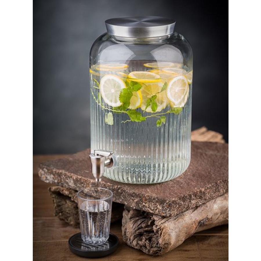 Glass drink dispenser with stainless steel tap