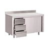 Gastro-M Stainless Steel Work Table | 3 drawers | Sliding doors & Rear upstand | 6 formats