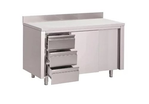  Gastro-M Stainless Steel Work Table | 3 drawers | Sliding doors & Rear upstand | 6 formats 