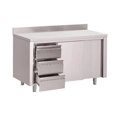  Gastro-M RVS Werktafel | 3 laden | Schuifdeuren & Achteropstand | 6 formaten 