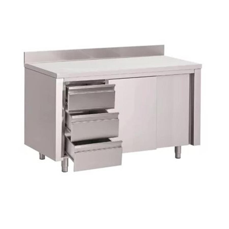 Table de travail en acier inoxydable | 3 tiroirs | Portes coulissantes et dosseret | 6 tailles