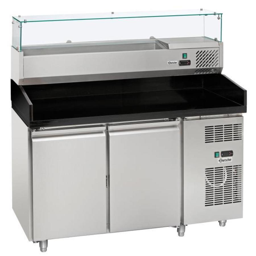 Pizza cooling workbench with top-mounted refrigerated display case