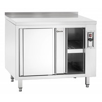 Stainless steel warming cabinet with sliding doors and intermediate shelf | W 1000 mm