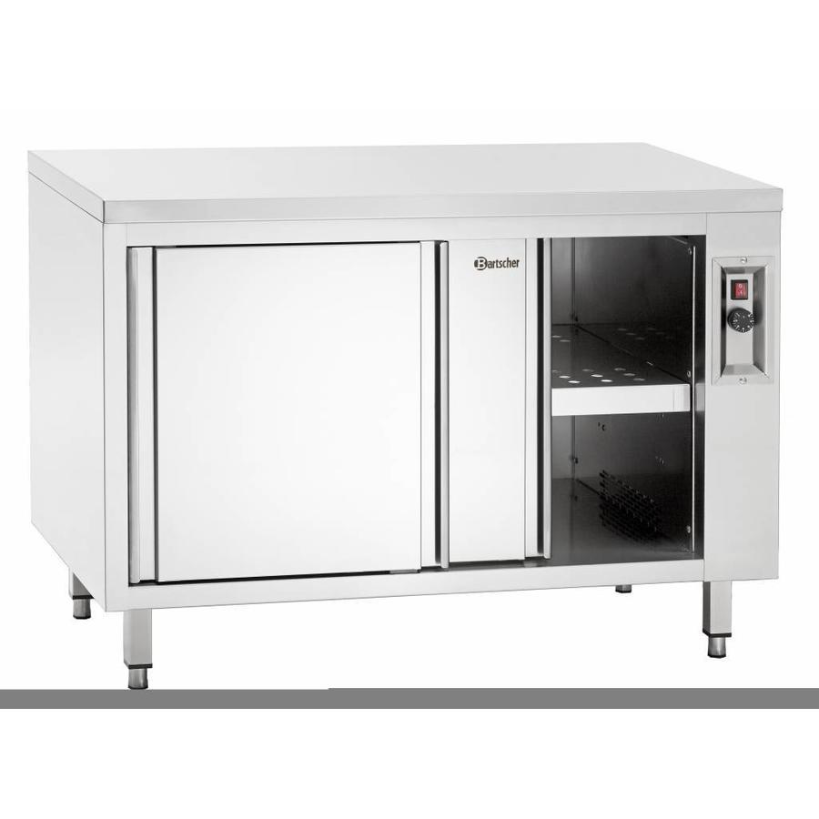 Stainless steel warming cabinet with sliding doors and intermediate shelf | W 1800 mm