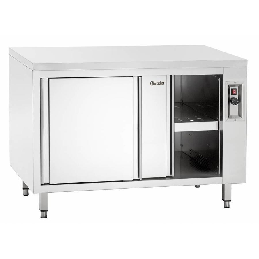 Stainless steel warming cabinet with sliding doors and intermediate shelf | W 1200 mm