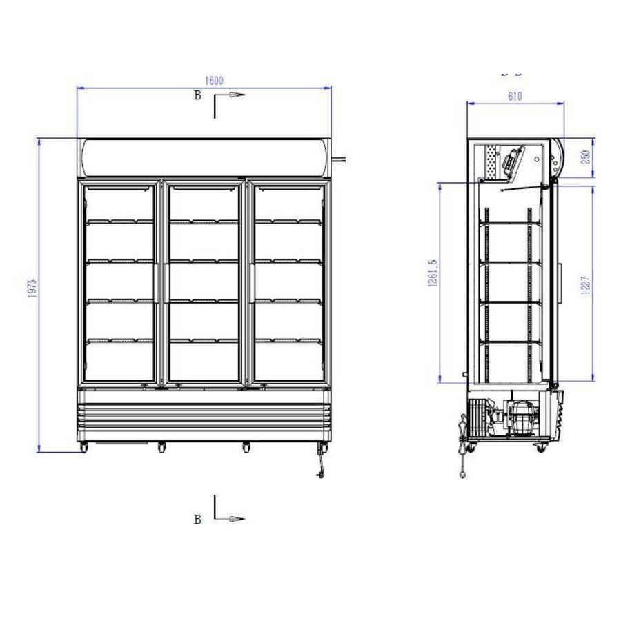 Wall refrigerated display case with 3 glass doors | 160 cm | 1065 liters