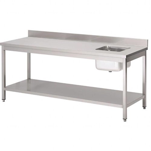  Gastro-M Stainless steel chef's table with sink on the right and splash edge | 5 formats 