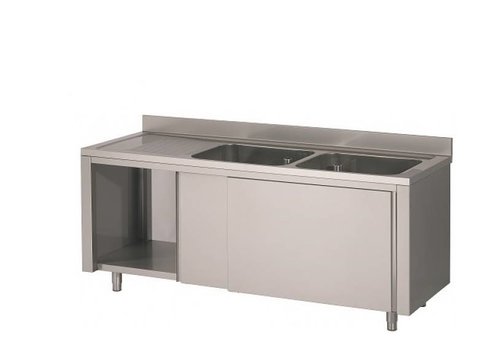  HorecaTraders Stainless steel sink with sliding doors 2 sinks 200x60x90 cm 