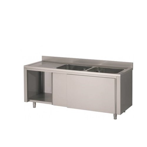  HorecaTraders Stainless steel sink with sliding doors 2 sinks 200x60x90 cm 