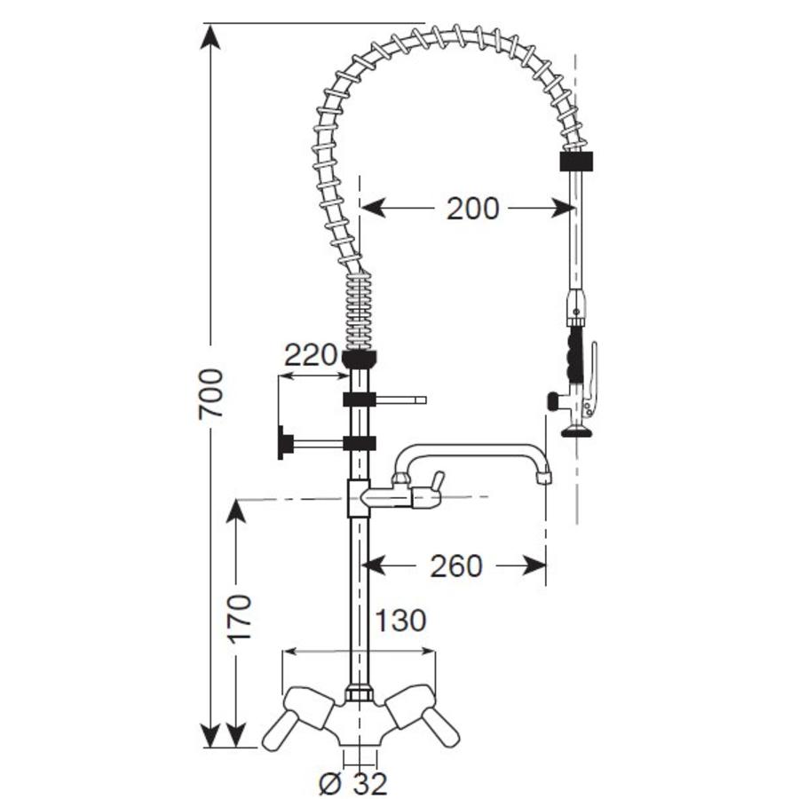 Low pre-rinse shower monobloc swivel tap