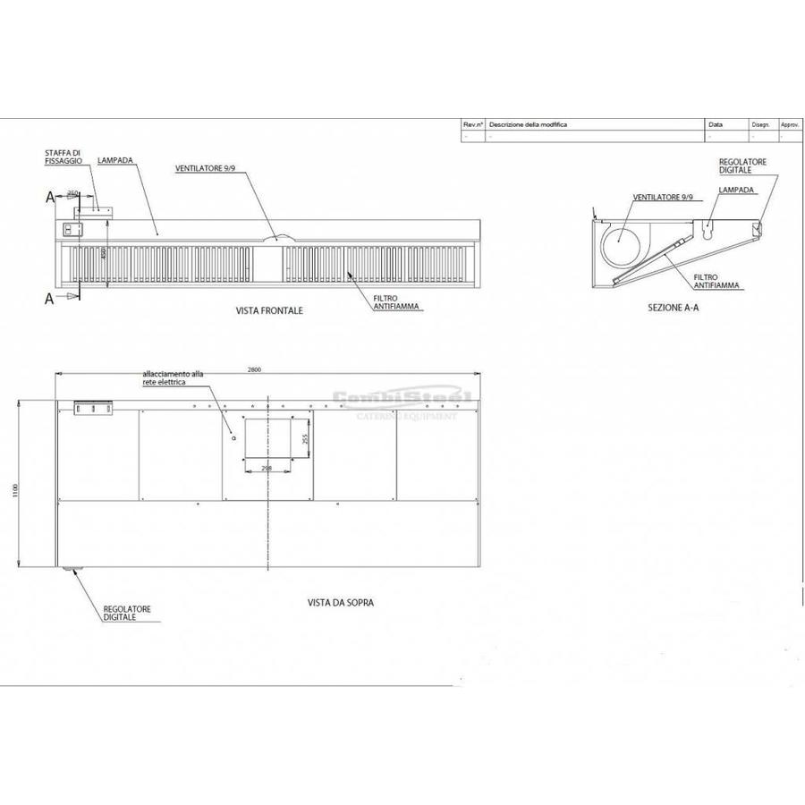 Stainless steel catering hood with motor | 280x110x45cm