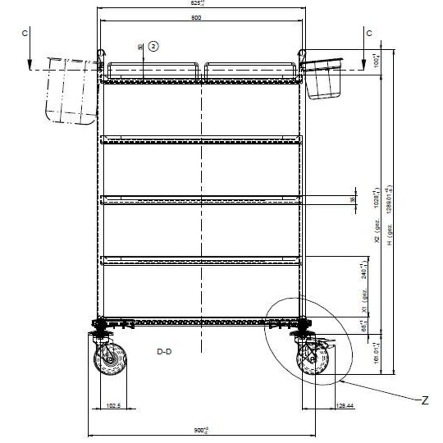 RVS serveerwagen | 3 plateaus | 90x60x95 cm