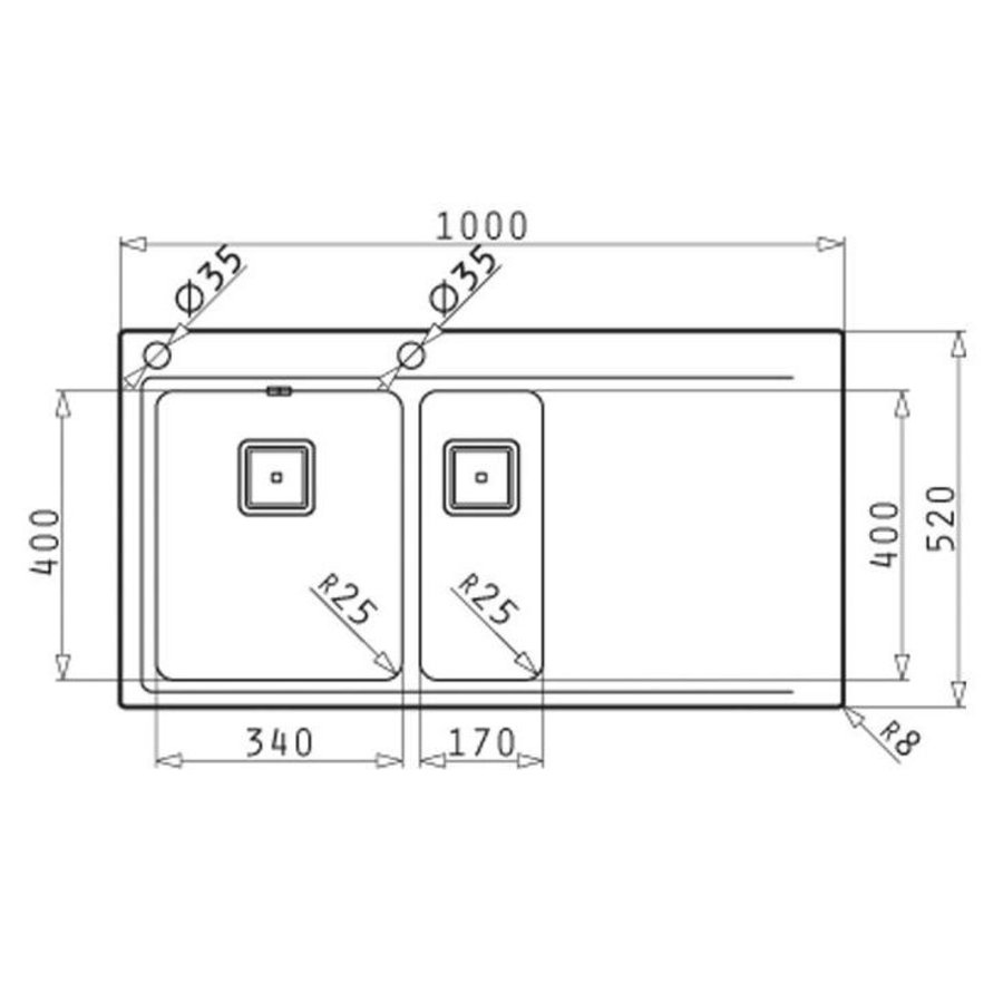 Plan de travail en acier inoxydable | Éviers à gauche | 2x Évier 340 x 400 x 200 mm / 170 x 400 x 140 mm
