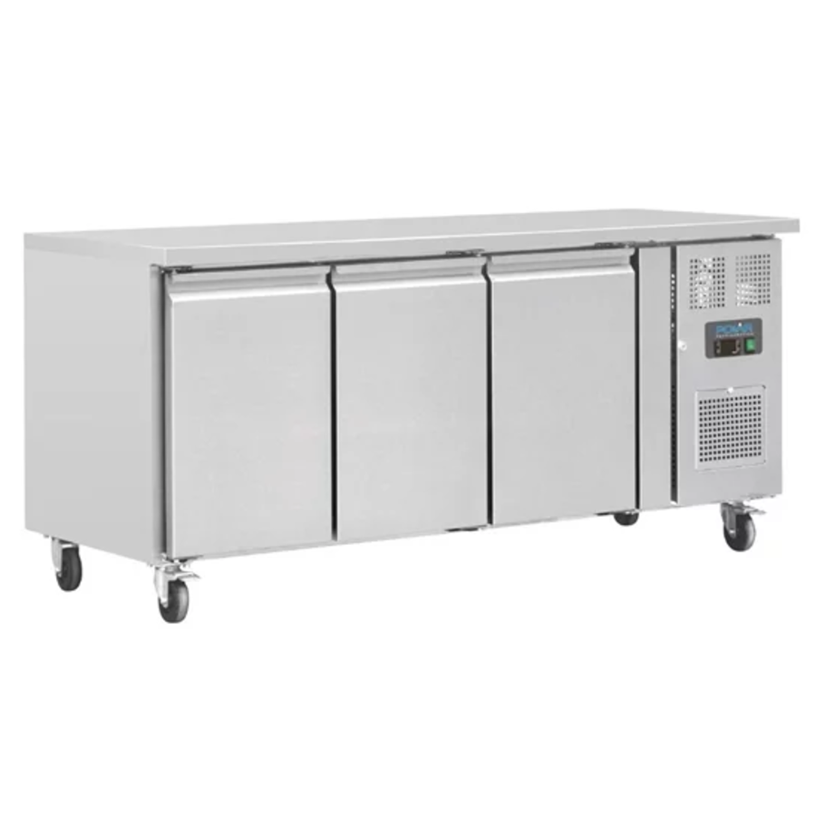 Refrigerated workbench with wheels | stainless steel | 3-door | 417L