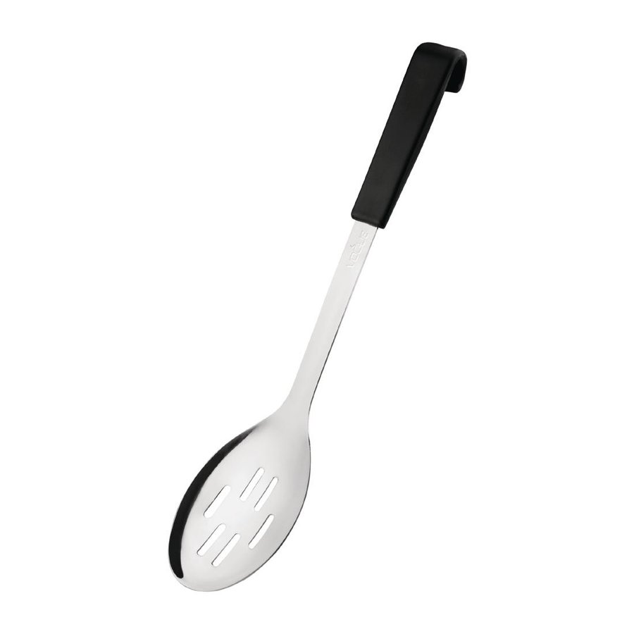 Perforated serving spoon with black handle | 34 cm