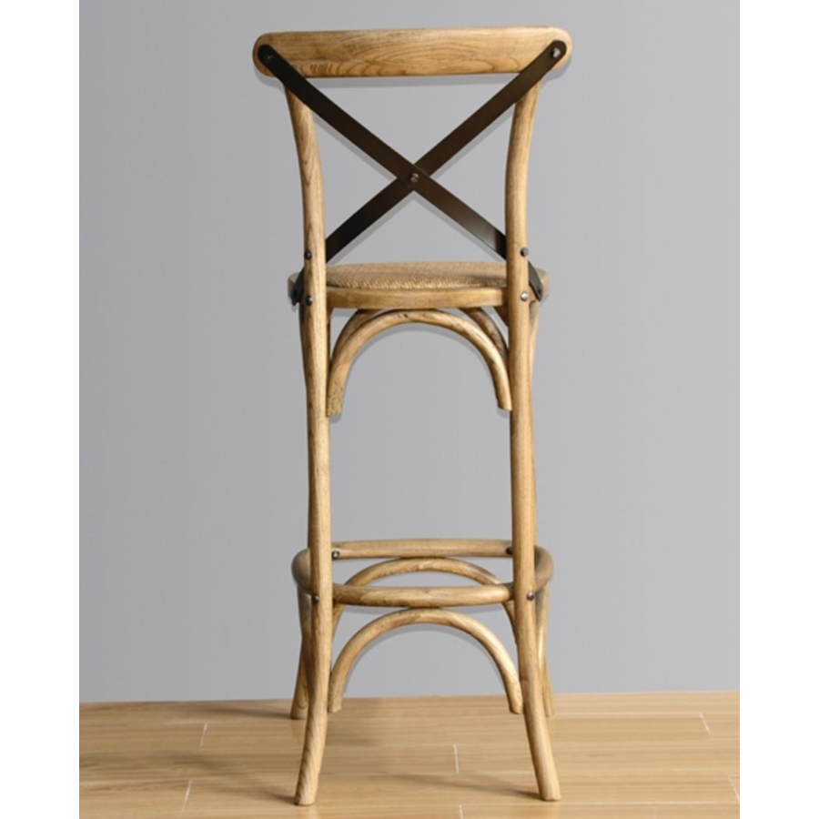 Wooden barstool with crossed backrest