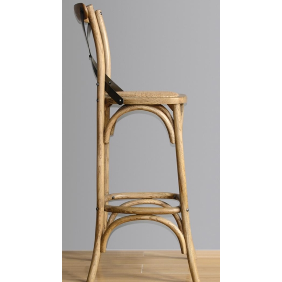 Wooden barstool with crossed backrest