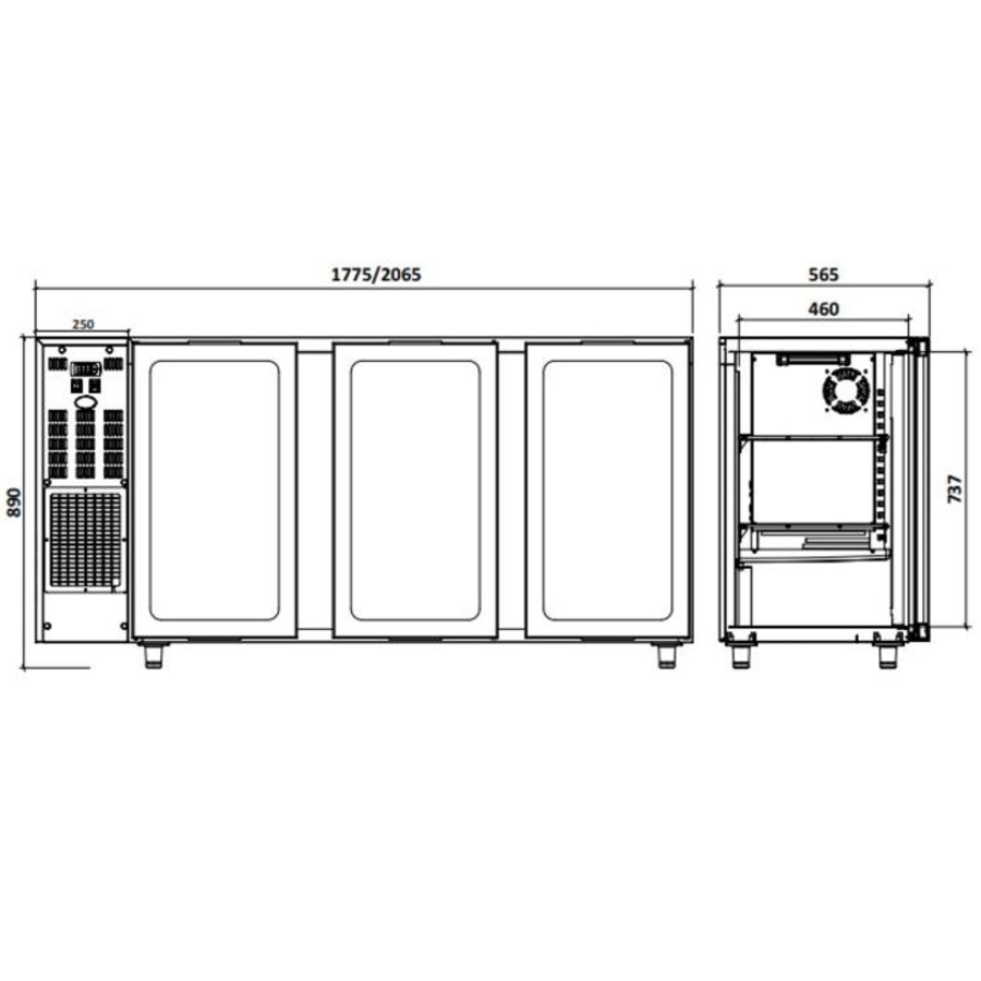 Réfrigérateur de bar en verre | 3 portes | 579 litres | 206,5 x 56,5 x (H) 89/90,5 cm