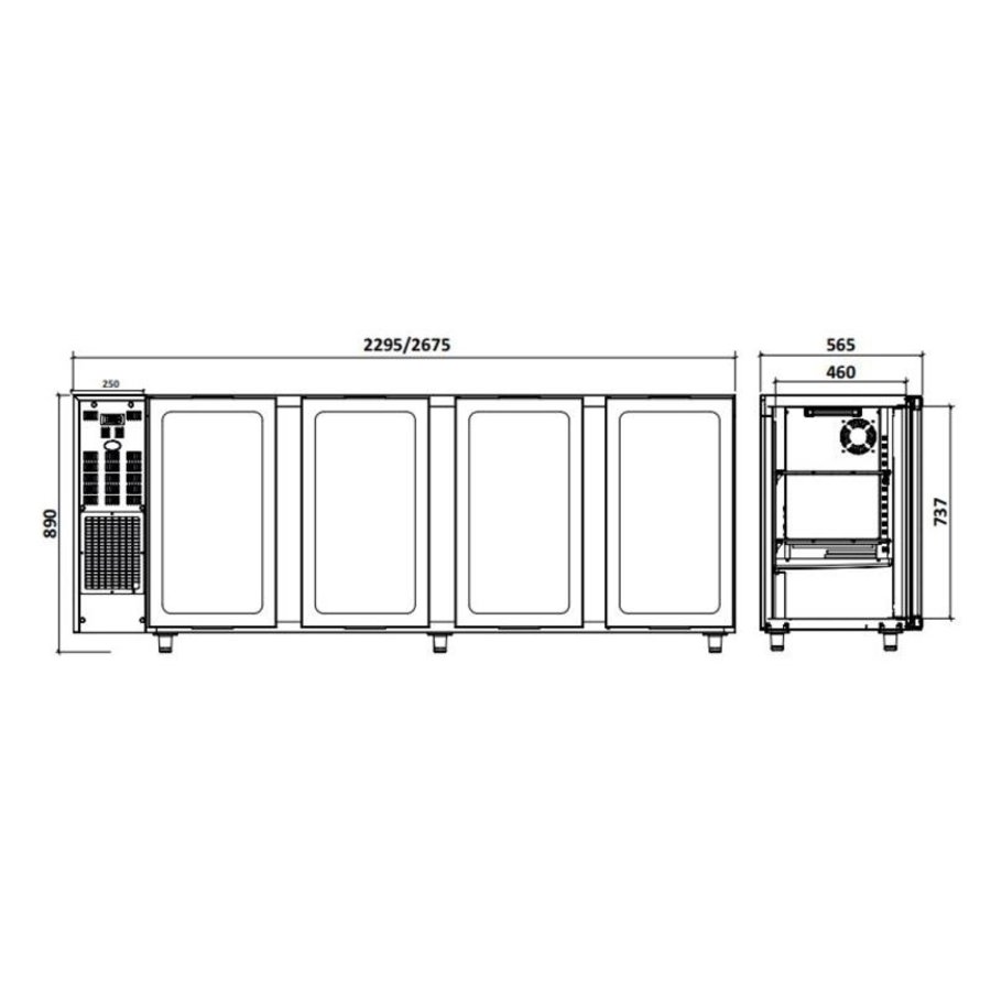 Réfrigérateur de bar en acier inoxydable | 4 portes vitrées | 783 litres | 267,5 x 56,5 x (H) 89/90,5 cm