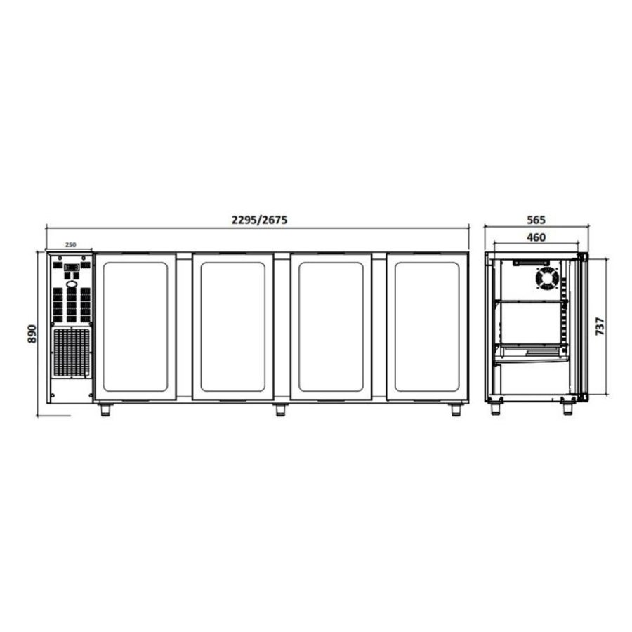 Stainless steel bar fridge | 4 Glass Doors | 783Liter | 267.5x56.5x (H) 89 / 90.5cm